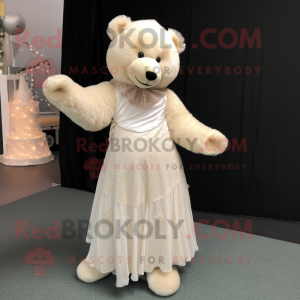 Cream Teddy Bear mascot costume character dressed with a Evening Gown and Shoe laces