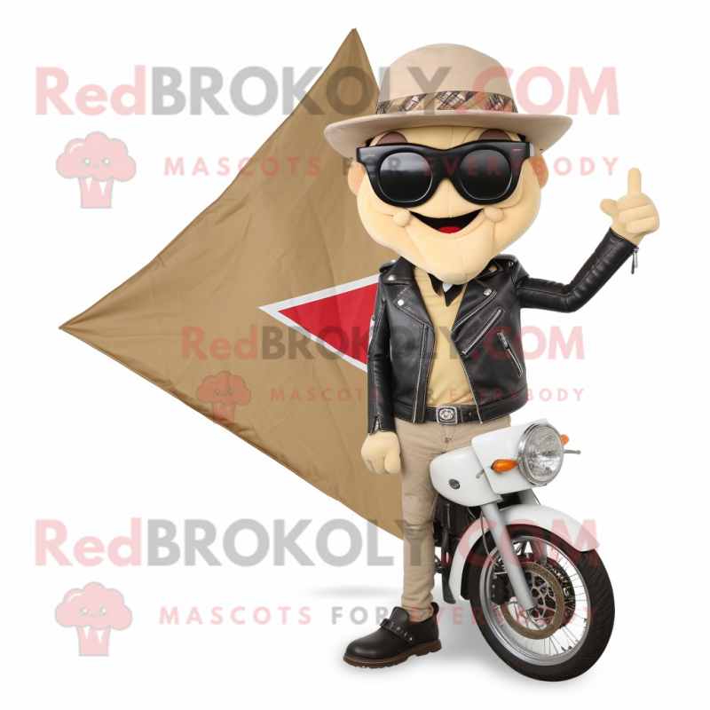 Beige Pizza Slice mascot costume character dressed with a Biker Jacket and Pocket squares