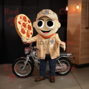 Beige Pizza Slice mascot costume character dressed with a Biker Jacket and Pocket squares