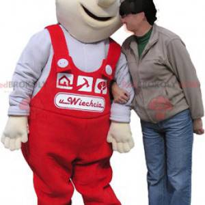 Weißes Arbeitermaskottchen mit roten Overalls - Redbrokoly.com