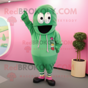 Pink Green Bean mascot costume character dressed with a Sweatshirt and Lapel pins