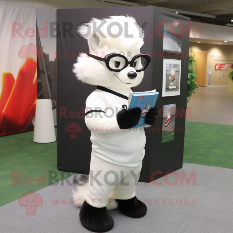 White Skunk mascot costume character dressed with a Polo Shirt and Reading glasses