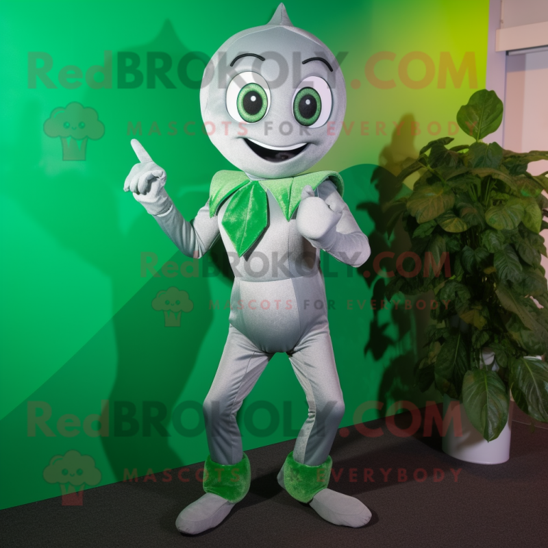 Silver Spinach mascot costume character dressed with a Playsuit and Gloves