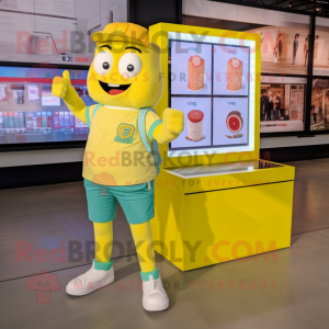 Lemon Yellow Lasagna mascot costume character dressed with a Cargo Shorts and Smartwatches