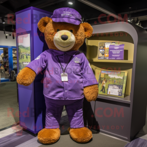 Purple Teddy Bear mascot costume character dressed with a Cargo Pants and Pocket squares