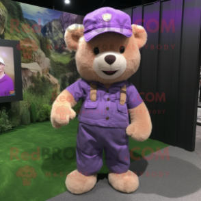 Purple Teddy Bear mascot costume character dressed with a Cargo Pants and Pocket squares