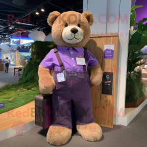 Purple Teddy Bear mascot costume character dressed with a Cargo Pants and Pocket squares