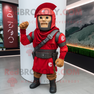 Red Spartan Soldier mascot costume character dressed with a Bomber Jacket and Scarves