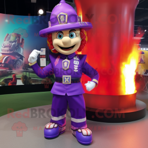 Purple Fire Fighter mascot costume character dressed with a Mini Dress and Bow ties