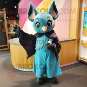 Teal Fruit Bat mascot costume character dressed with a Wrap Dress and Mittens