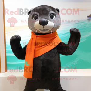 Black Otter mascot costume character dressed with a Sweater and Scarves