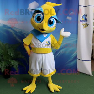 Lemon Yellow Blue Jay mascot costume character dressed with a Romper and Pocket squares