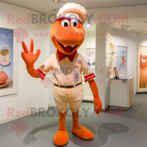 Peach Lobster Bisque mascot costume character dressed with a Chinos and Hats