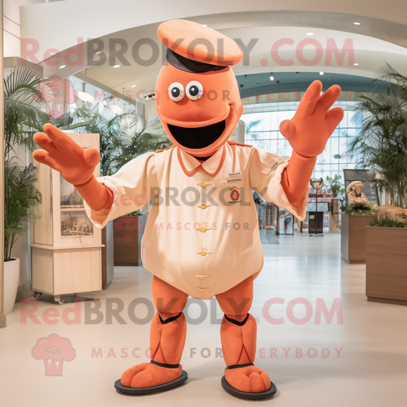 Peach Lobster Bisque mascot costume character dressed with a Chinos and Hats