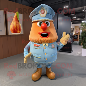 Peach French Fries mascot costume character dressed with a Chambray Shirt and Lapel pins
