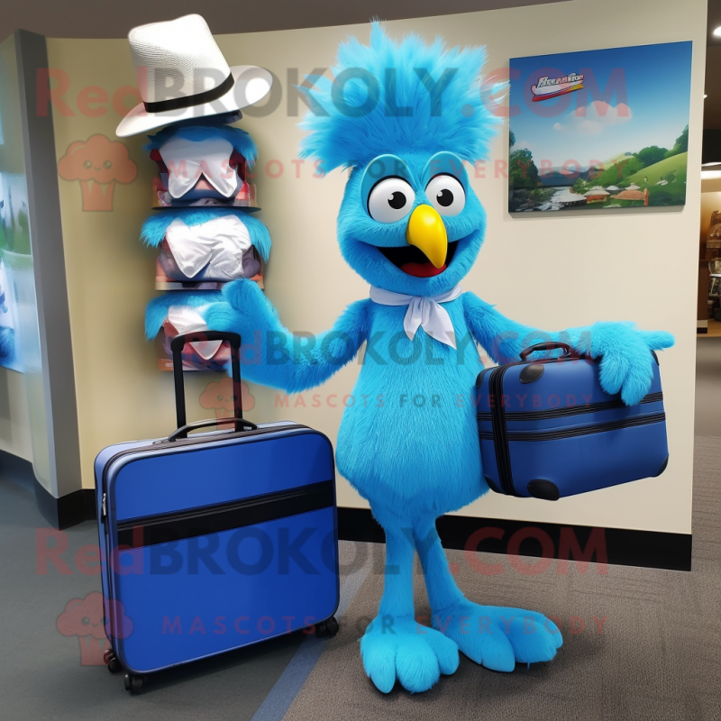 Sky Blue Emu mascot costume character dressed with a Capri Pants and Briefcases