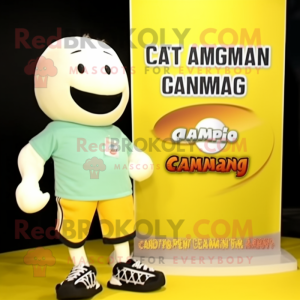 Cream Mango mascot costume character dressed with a Board Shorts and Cufflinks