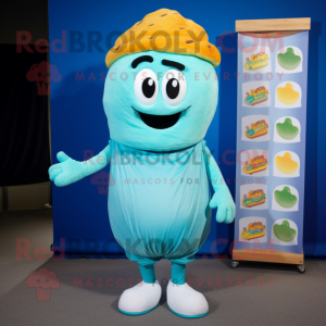 Cyan Lasagna mascot costume character dressed with a Shorts and Headbands