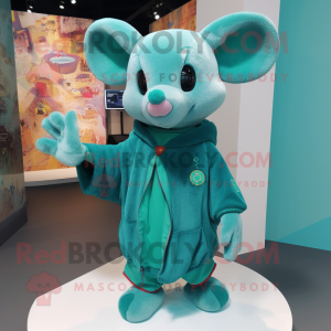 Turquoise Mouse mascot costume character dressed with a Cardigan and Bracelets