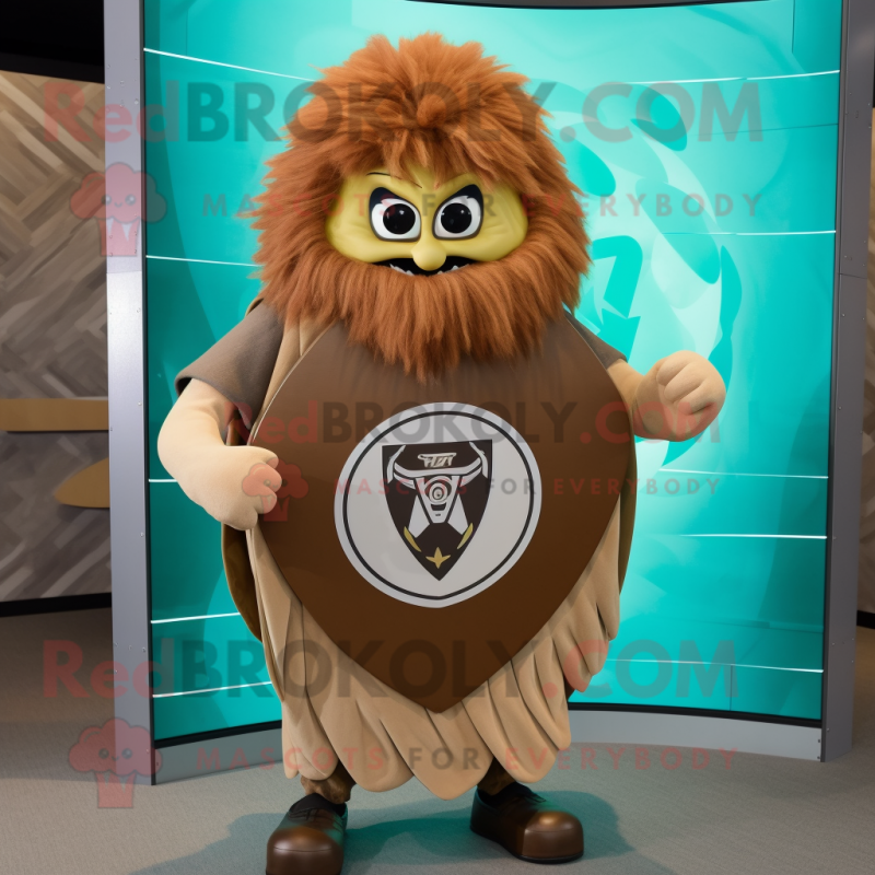 Brown Celtic Shield mascot costume character dressed with a Romper and Scarf clips