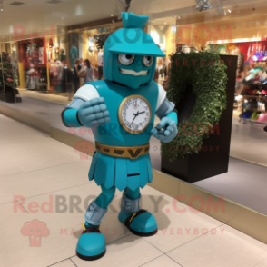 Turquoise Medieval Knight mascot costume character dressed with a Running Shorts and Bracelet watches