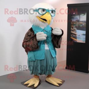 Teal Bald Eagle mascot costume character dressed with a A-Line Skirt and Eyeglasses