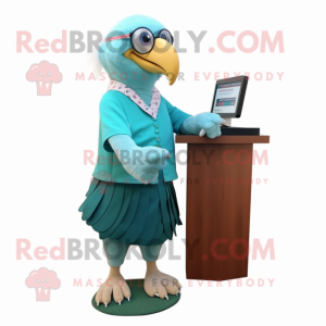 Teal Bald Eagle mascot costume character dressed with a A-Line Skirt and Eyeglasses