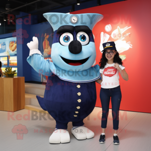 Navy Ceviche mascot costume character dressed with a Mom Jeans and Smartwatches