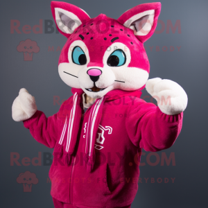 Magenta Bobcat mascot costume character dressed with a Cardigan and Beanies