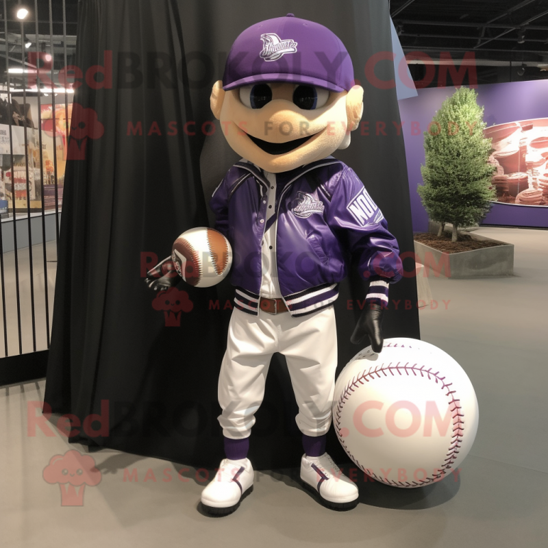 Lavender Baseball Ball mascot costume character dressed with a Biker Jacket and Shoe laces