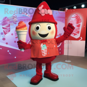 Red Ice Cream mascot costume character dressed with a Henley Shirt and Scarf clips