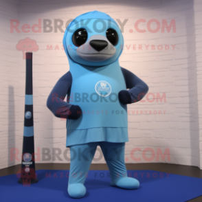 Sky Blue Navy Seal mascot costume character dressed with a Yoga Pants and Scarves