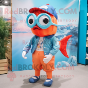 Sky Blue Clown Fish mascot costume character dressed with a Chinos and Eyeglasses