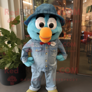 Teal Shakshuka mascot costume character dressed with a Denim Shirt and Hats