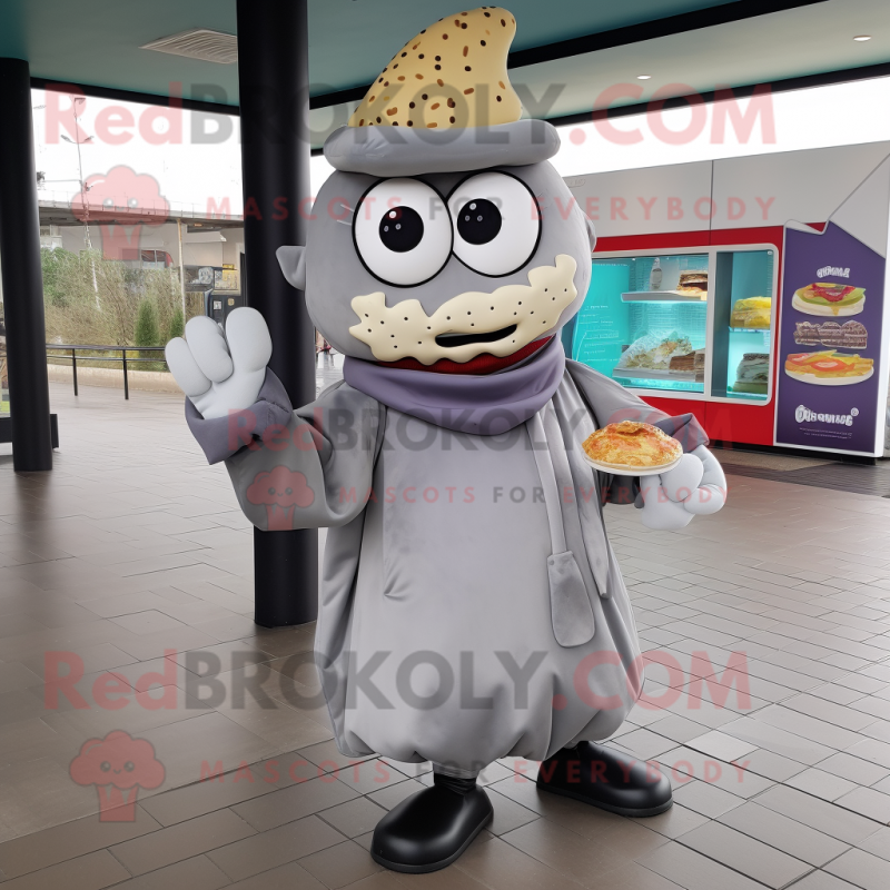 Gray Burgers mascot costume character dressed with a Raincoat and Clutch bags