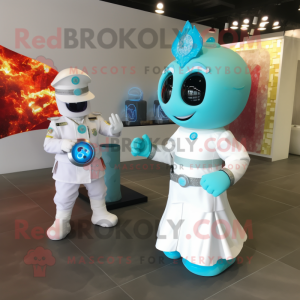 Turquoise Fire Fighter mascot costume character dressed with a Wedding Dress and Smartwatches