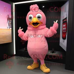 Pink Fried Chicken mascot costume character dressed with a Hoodie and Shoe laces