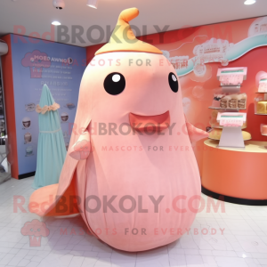 Peach Whale mascot costume character dressed with a Empire Waist Dress and Coin purses