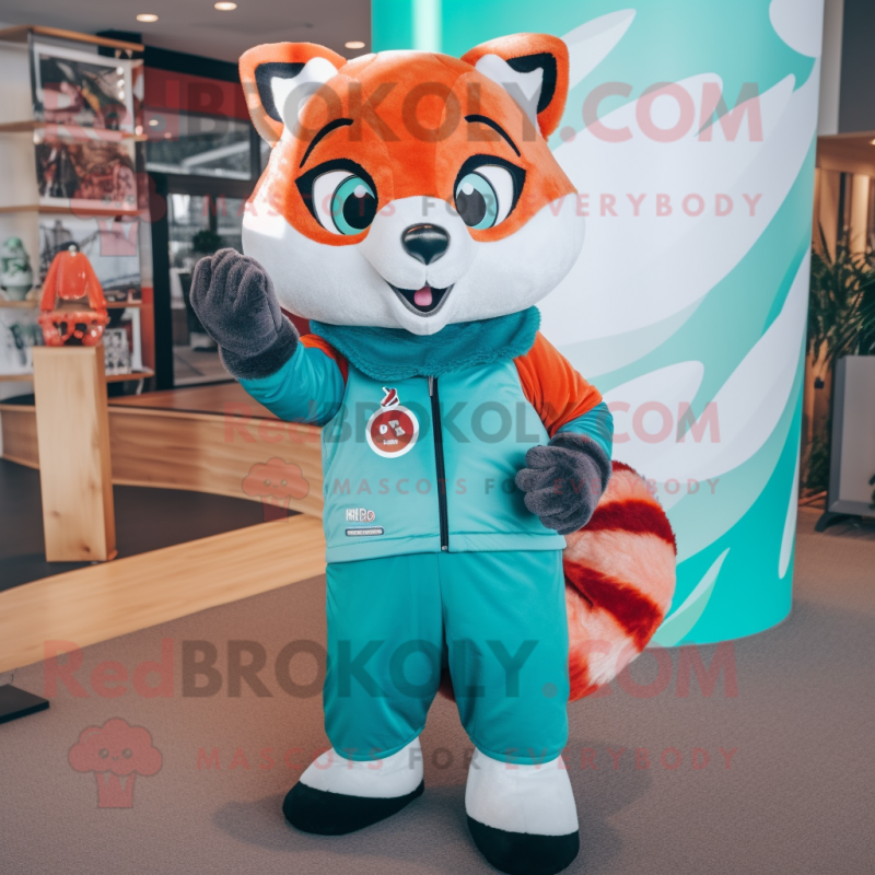 Teal Red Panda mascot costume character dressed with a Long Sleeve Tee and Mittens