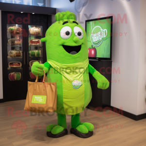 Lime Green Falafel mascot costume character dressed with a Jacket and Tote bags