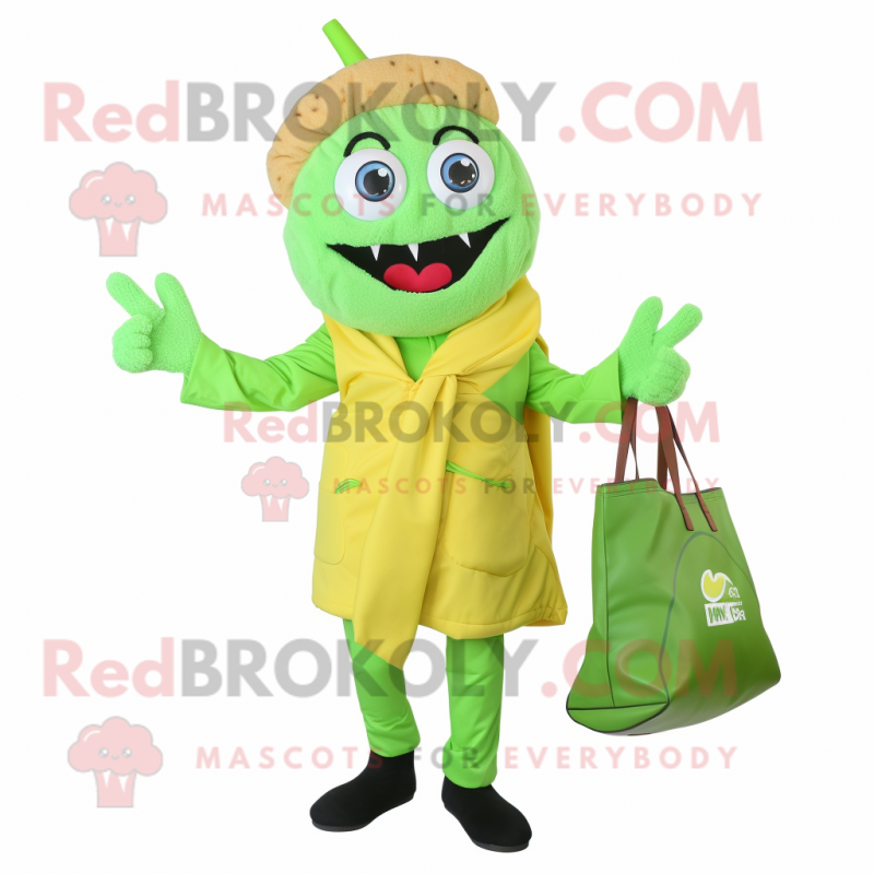 Lime Green Falafel mascot costume character dressed with a Jacket and Tote bags