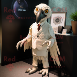 Cream Vulture mascot costume character dressed with a Suit and Lapel pins