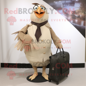 Beige Blackbird mascot costume character dressed with a Wrap Skirt and Briefcases