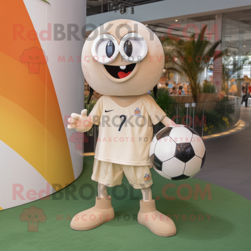 Beige Soccer Ball mascot costume character dressed with a T-Shirt and Shoe clips