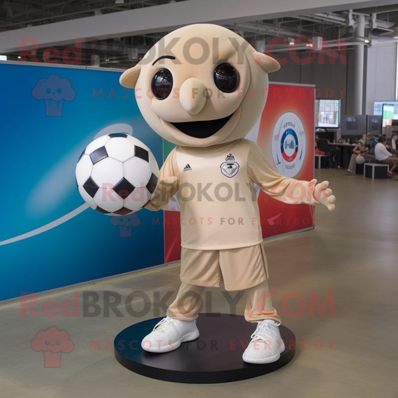 Beige Soccer Ball mascot costume character dressed with a T-Shirt and Shoe clips