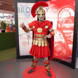 Red Roman Soldier mascot costume character dressed with a Circle Skirt and Anklets