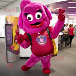 Magenta Contortionist mascot costume character dressed with a Cover-up and Backpacks