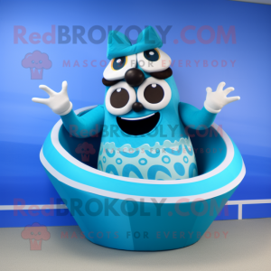 Cyan Moussaka mascot costume character dressed with a Bikini and Rings