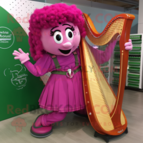 Magenta Celtic Harp mascot costume character dressed with a Dungarees and Rings
