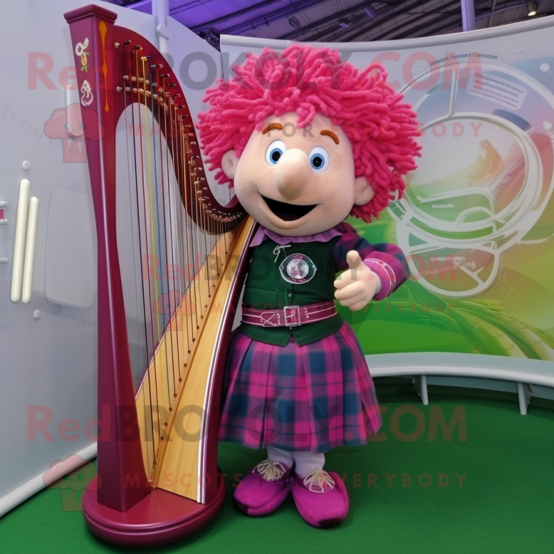 Magenta Celtic Harp mascot costume character dressed with a Dungarees and Rings